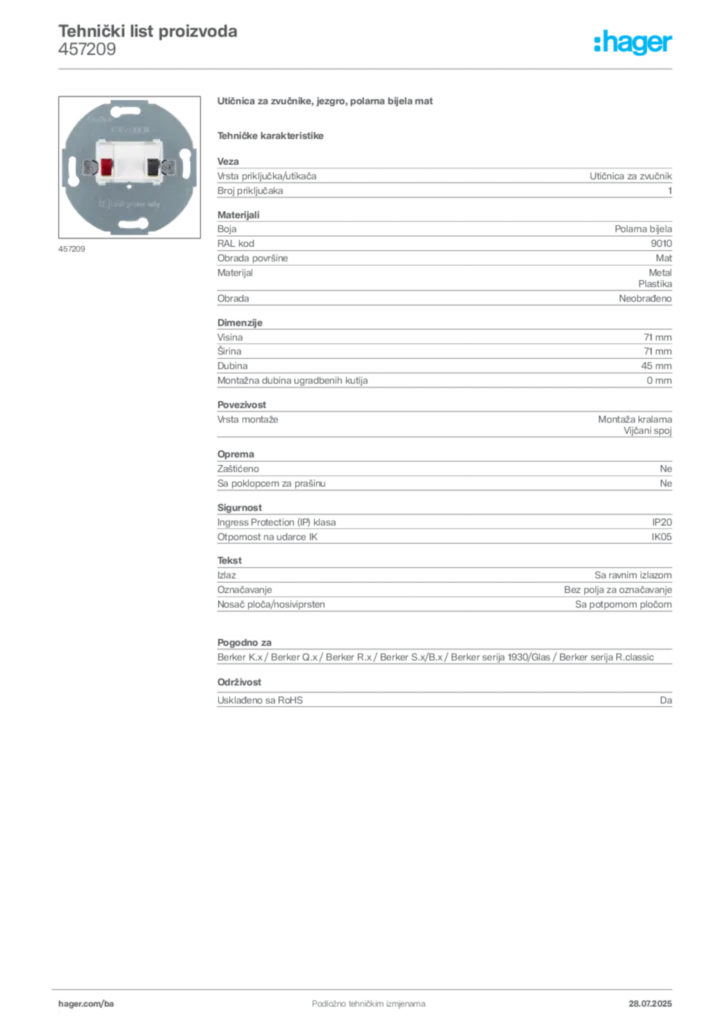 Slika Hager Product data sheet 457209  | Hager