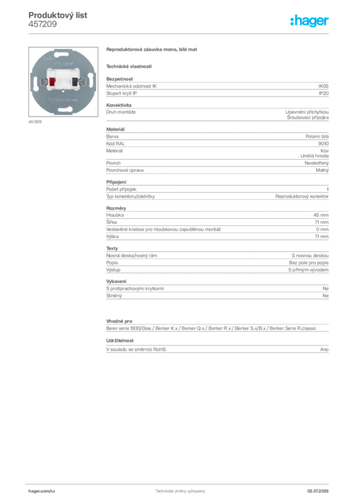 Obrázek Hager Produktový list 457209 | Hager