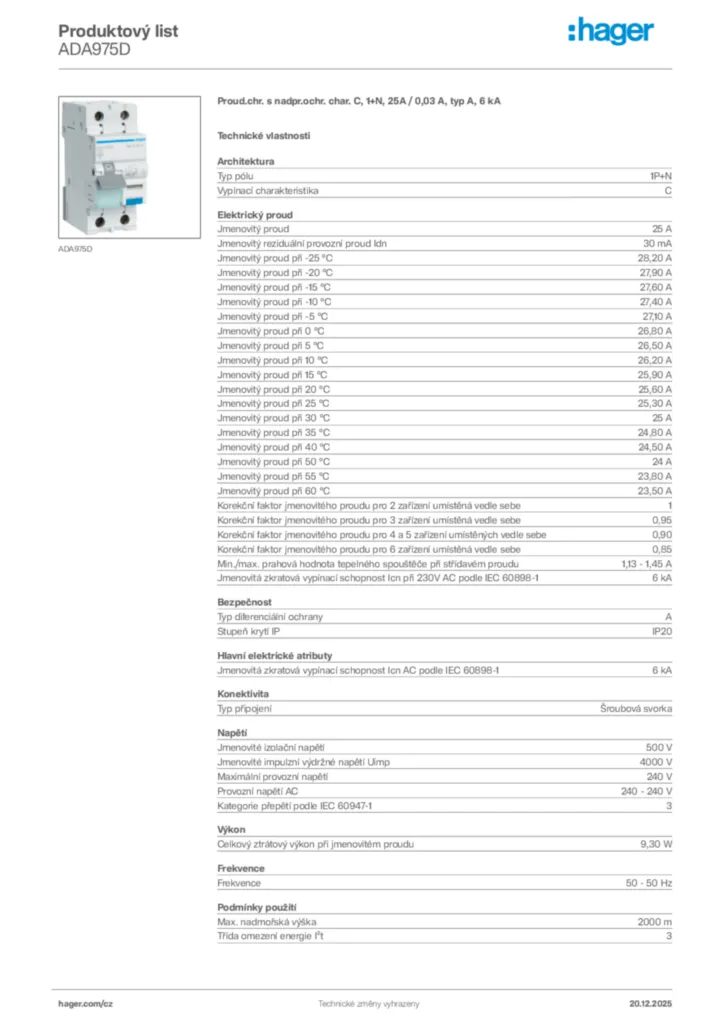 Obrázek Hager Produktový list ADA975D | Hager