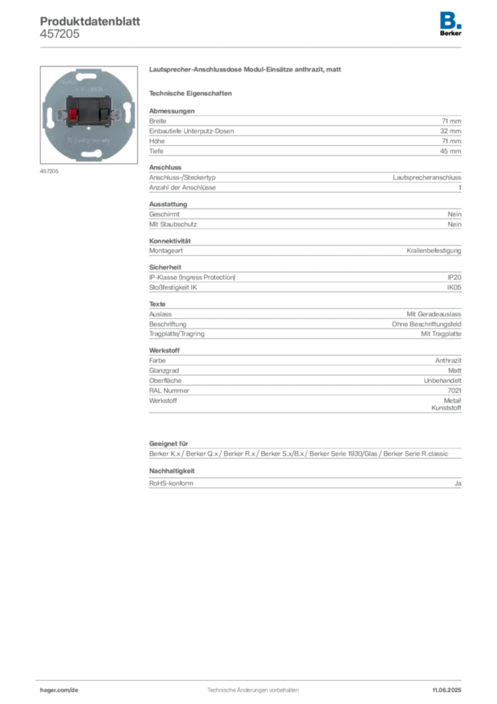 Bild Berker Produktdatenblatt 457205 | Hager Deutschland