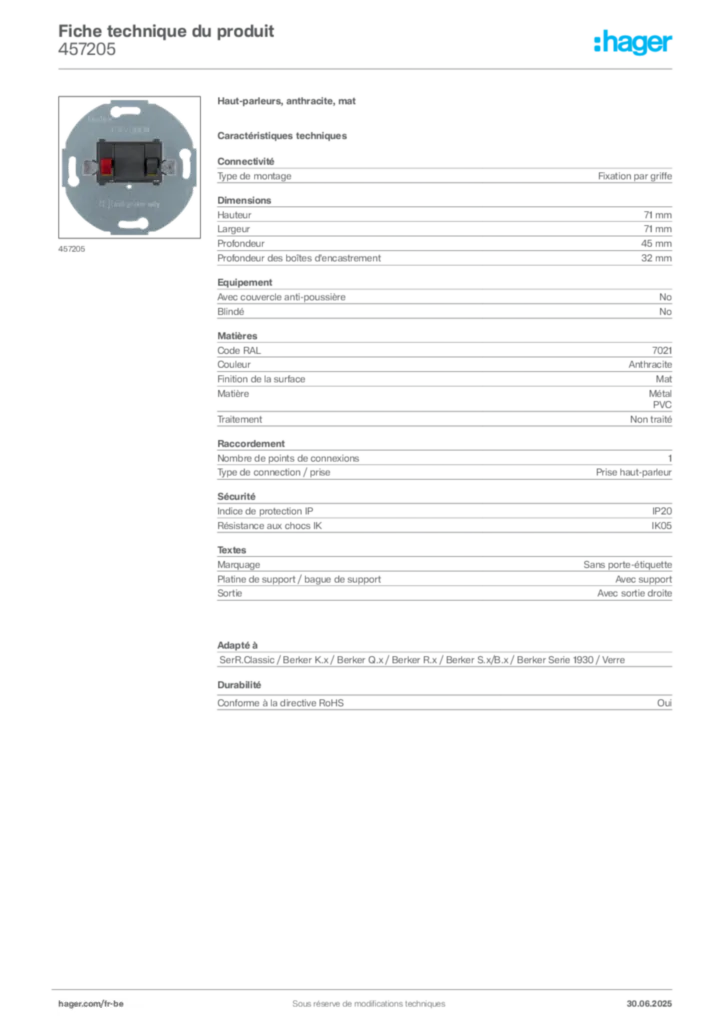 Image Hager Fiche technique du produit 457205 | Hager Belgique