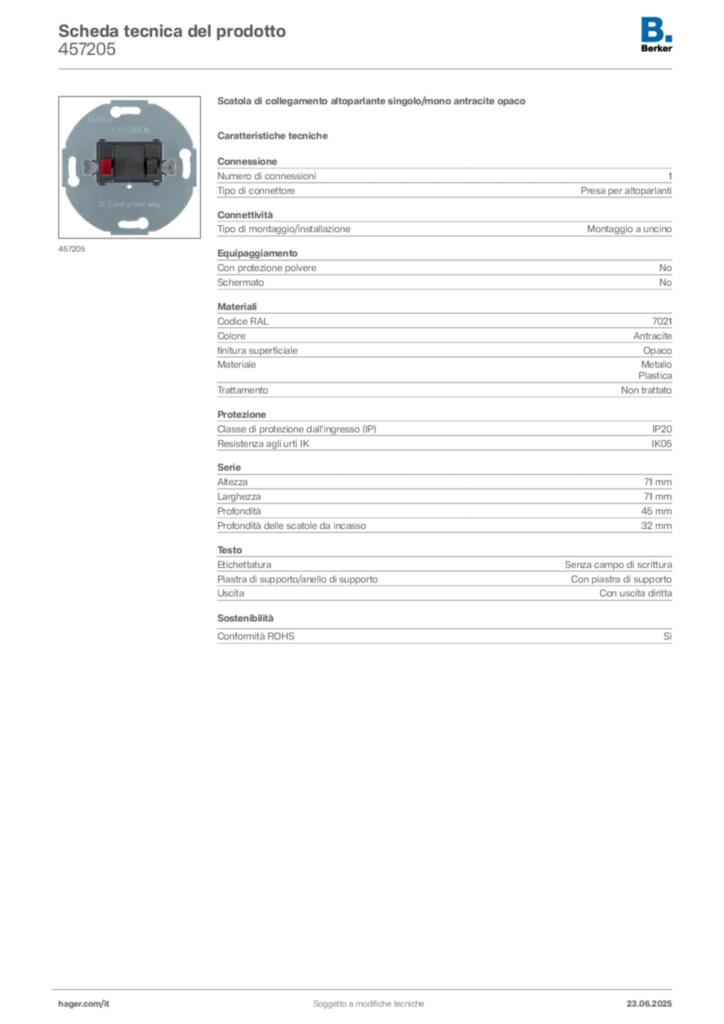 Immagine Berker Scheda tecnica del prodotto 457205 | Hager Italia
