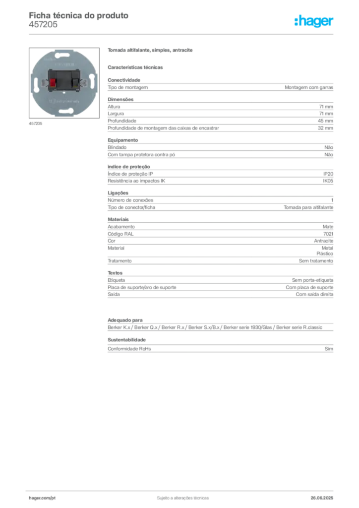 Imagem Hager Ficha técnica do produto 457205 | Hager Portugal