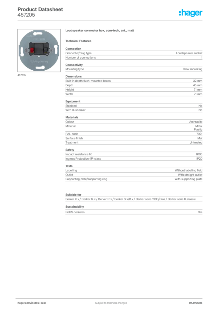 Image Hager Product data sheet 457205  | Hager