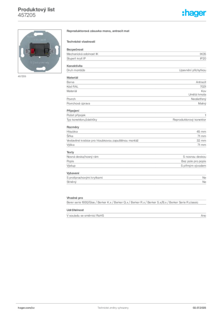 Obrázek Hager Produktový list 457205 | Hager