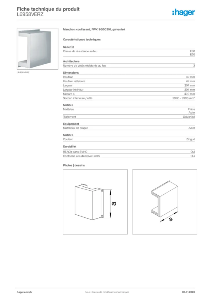 Image Hager Fiche technique du produit L6958VERZ | Hager France