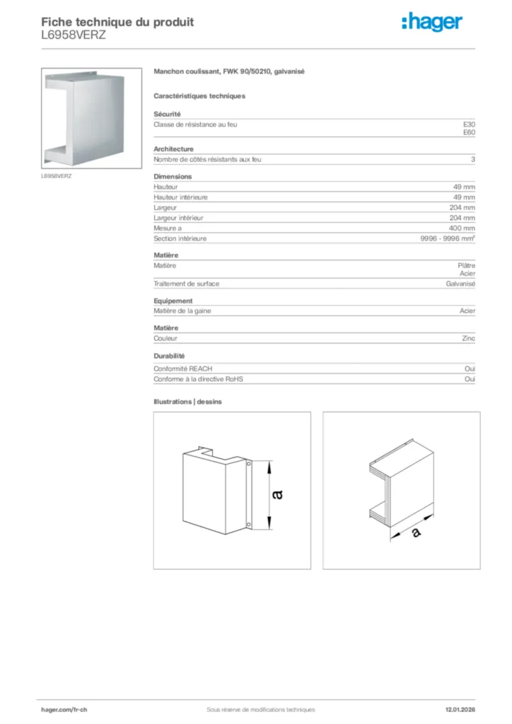 Image Hager Fiche technique du produit L6958VERZ | Hager Suisse
