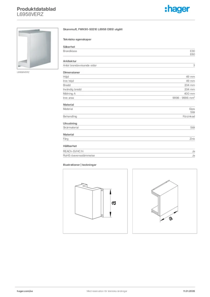 Bild Hager Produktdatablad L6958VERZ | Hager Sverige