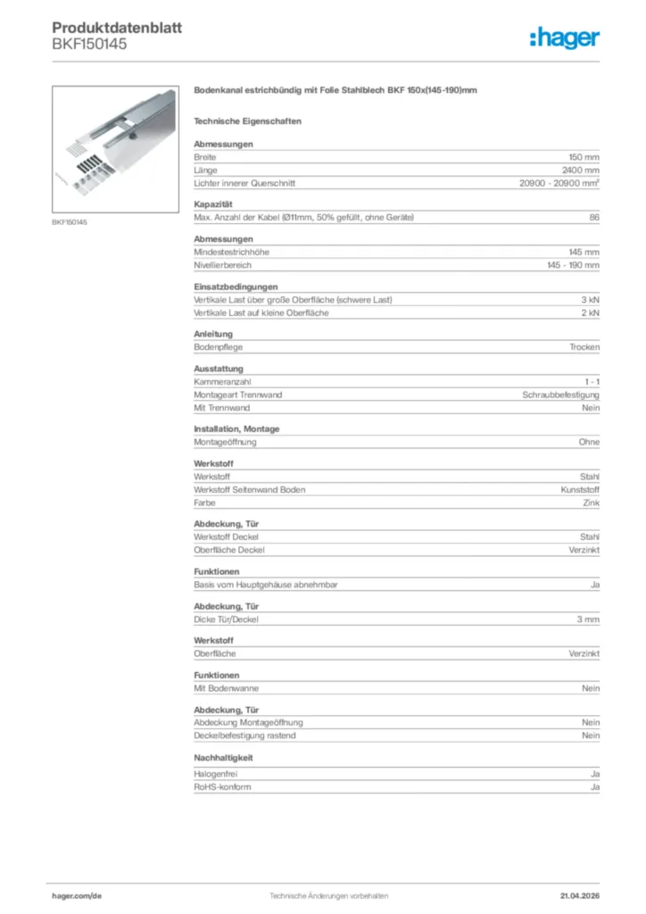 Bild Hager Produktdatenblatt BKF150145 | Hager Deutschland