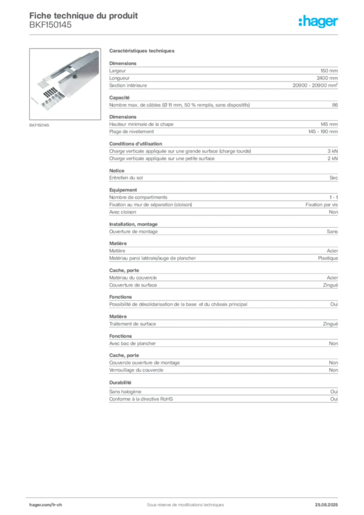 Image Hager Fiche technique du produit BKF150145 | Hager Suisse