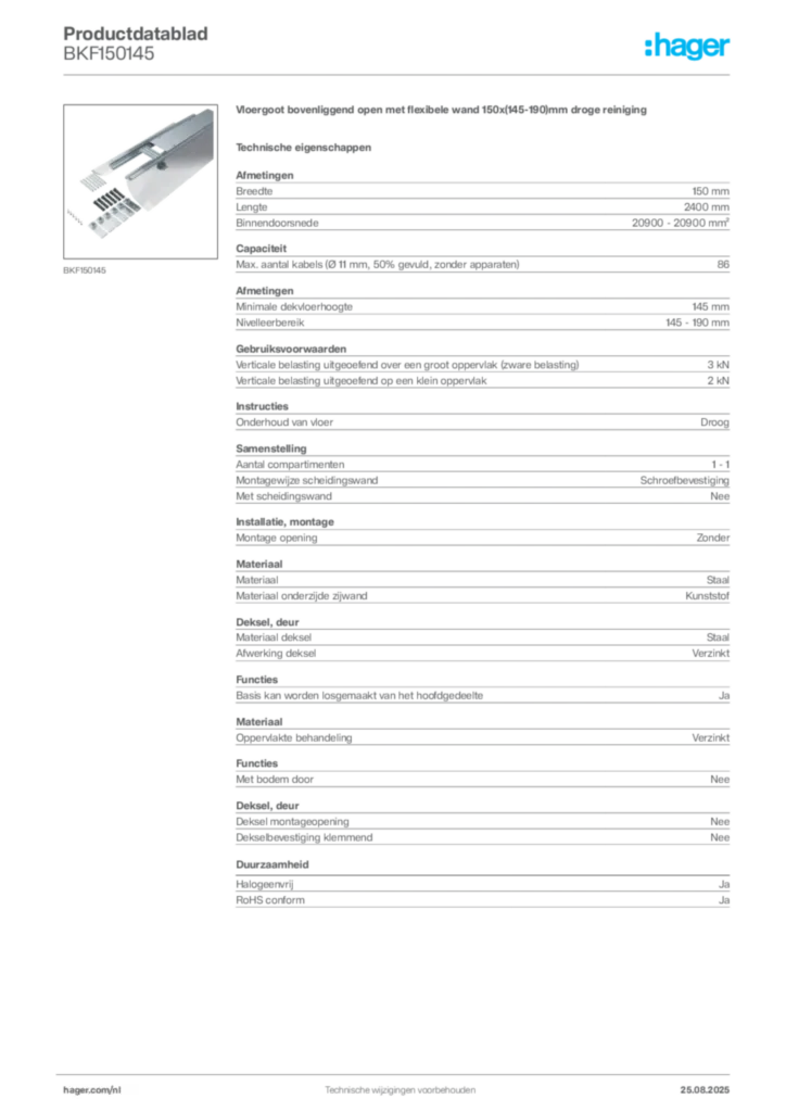 Afbeelding Hager Productdatablad BKF150145 | Hager Nederland