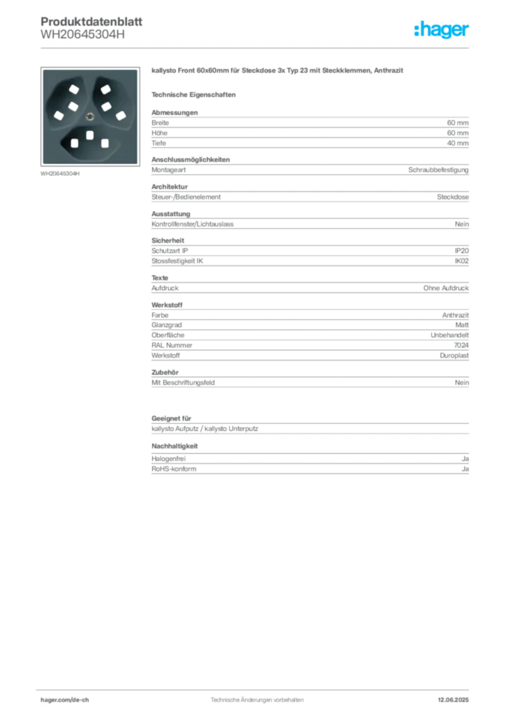 Bild Hager Produktdatenblatt WH20645304H | Hager Schweiz