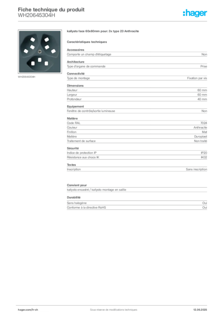 Image Hager Fiche technique du produit WH20645304H | Hager Suisse