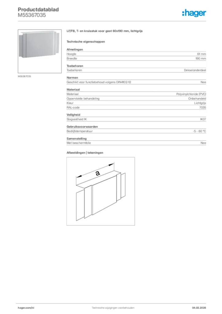 Afbeelding Hager Productdatablad M55367035 | Hager Nederland