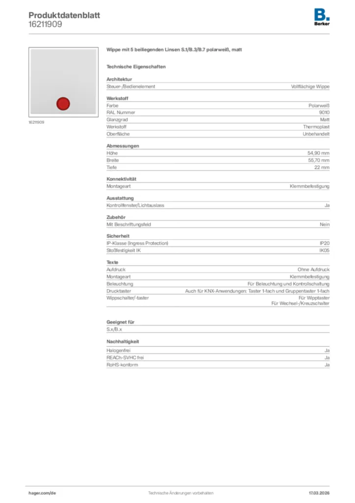 Bild Berker Produktdatenblatt 16211909 | Hager Deutschland