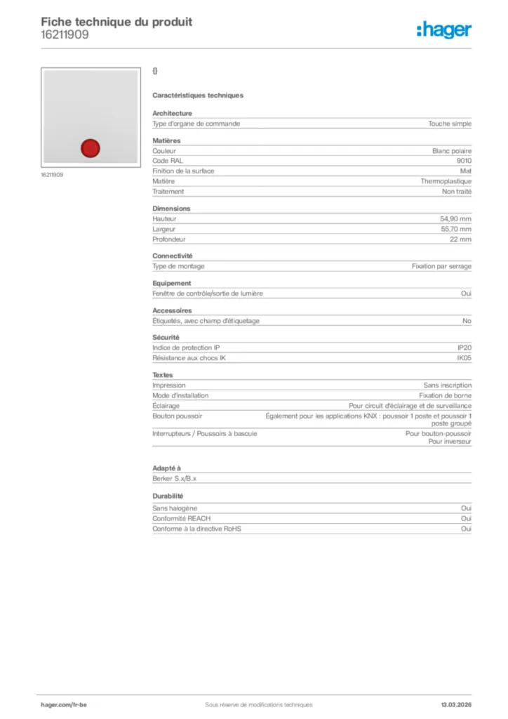 Image Hager Fiche technique du produit 16211909 | Hager Belgique