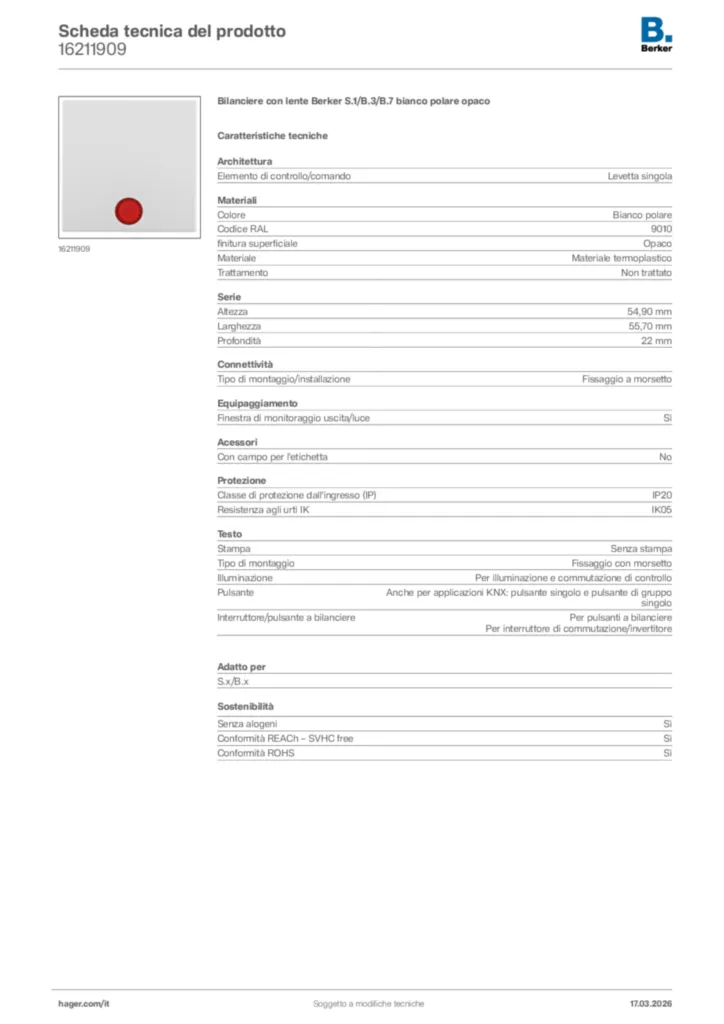 Immagine Berker Scheda tecnica del prodotto 16211909 | Hager Italia