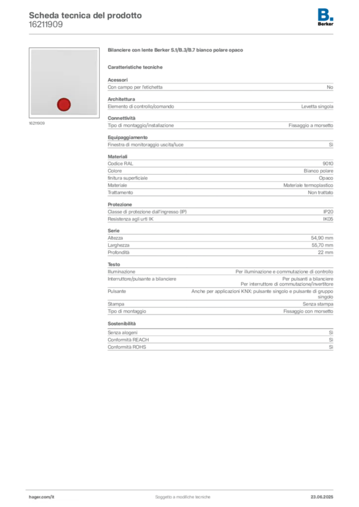 Immagine Berker Scheda tecnica del prodotto 16211909 | Hager Italia