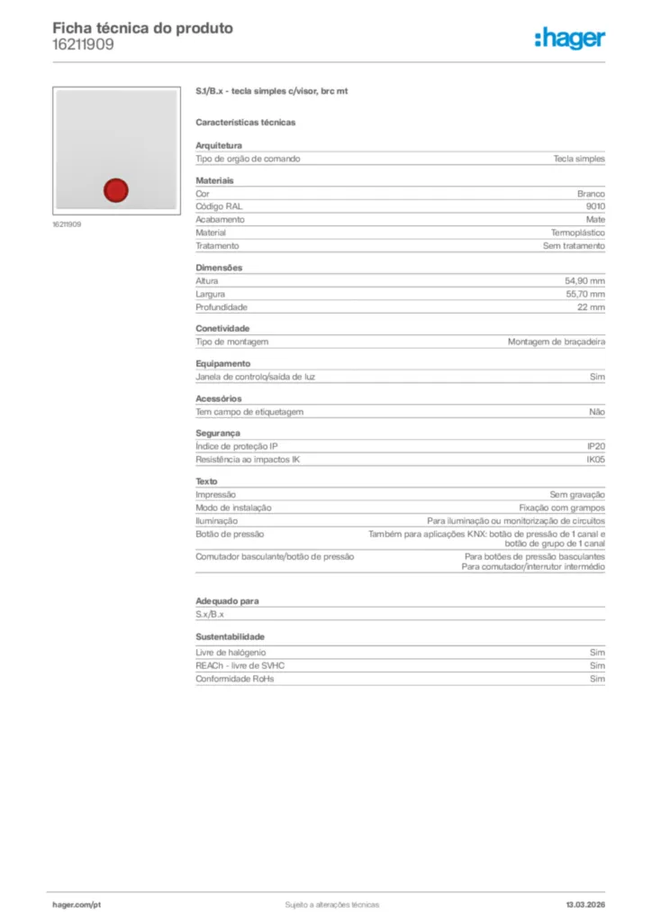 Imagem Hager Ficha técnica do produto 16211909 | Hager Portugal