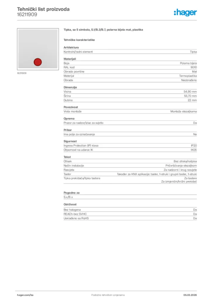 Slika Hager Tehnički list proizvoda 16211909  | Hager
