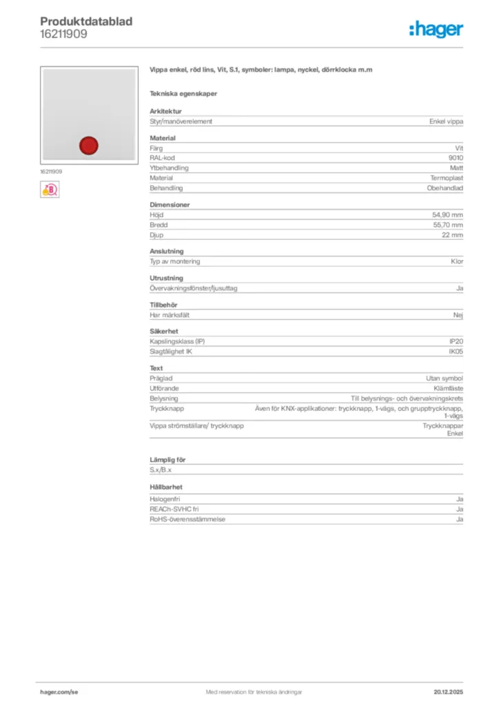 Bild Hager Produktdatablad 16211909 | Hager Sverige