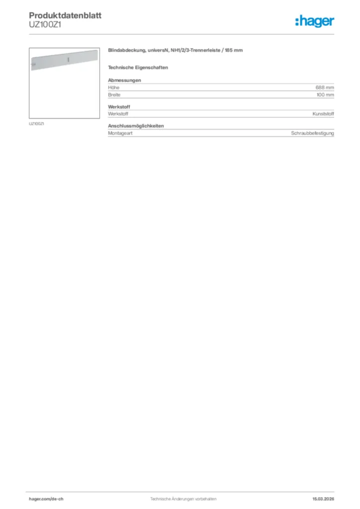Bild Hager Produktdatenblatt UZ100Z1 | Hager Schweiz
