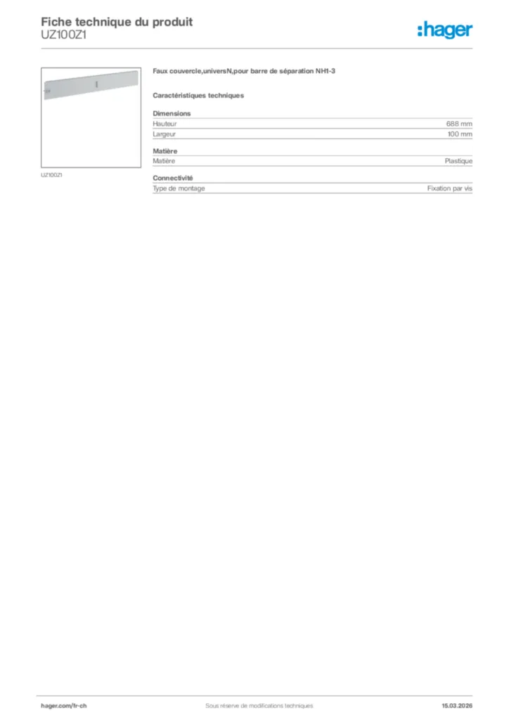 Image Hager Fiche technique du produit UZ100Z1 | Hager Suisse