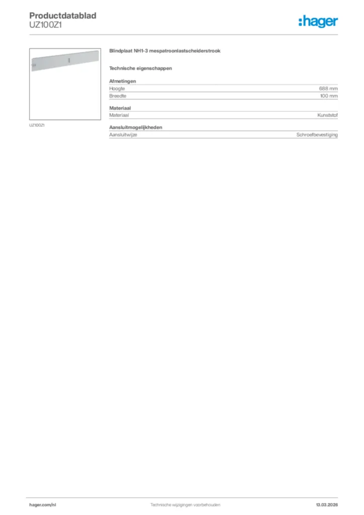 Afbeelding Hager Productdatablad UZ100Z1 | Hager Nederland