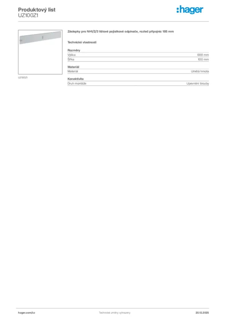 Obrázek Hager Produktový list UZ100Z1 | Hager