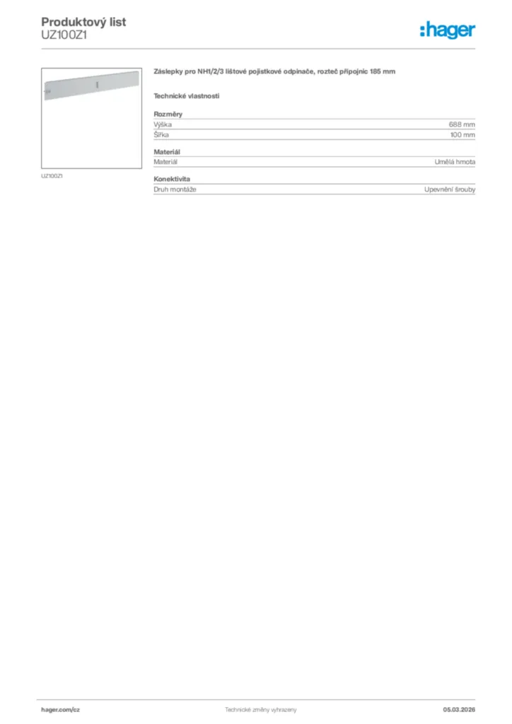 Obrázek Hager Product data sheet UZ100Z1 | Hager