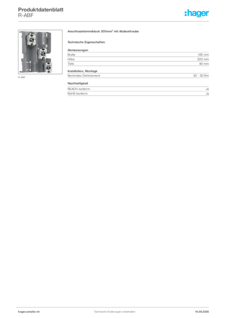 Bild Hager Produktdatenblatt R-ABF | Hager Schweiz