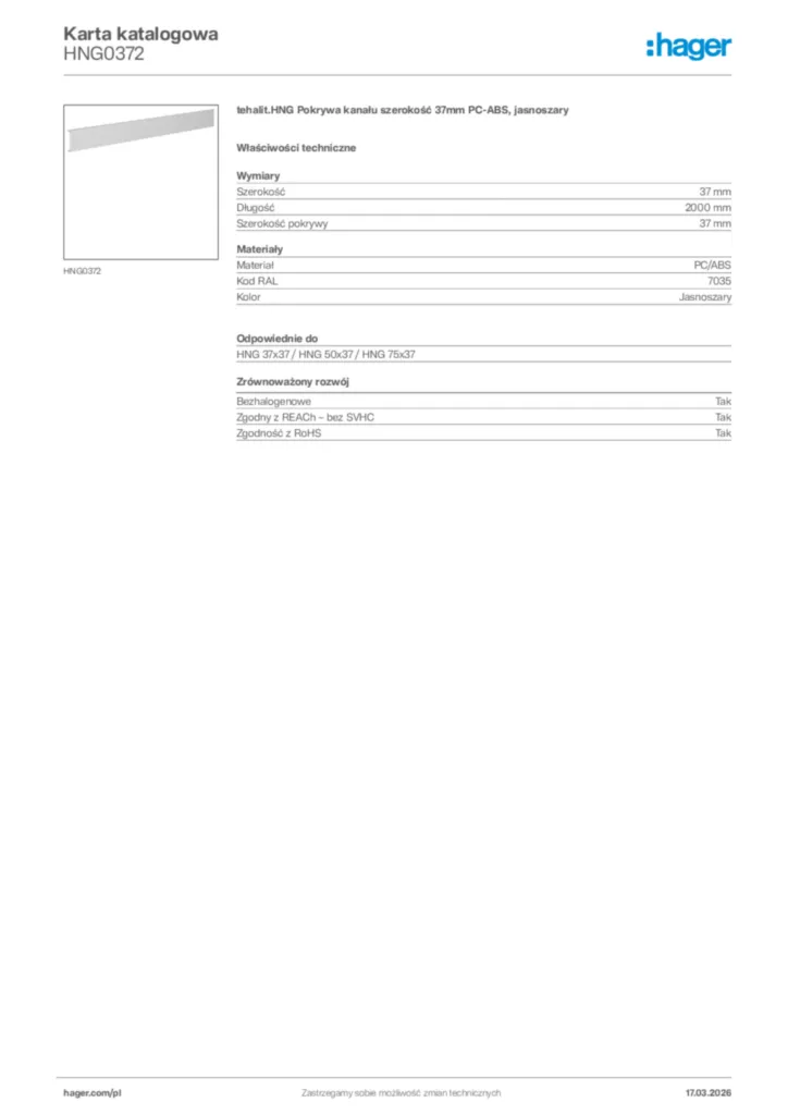 Zdjęcie Hager Karta katalogowa HNG0372 | Hager Polska