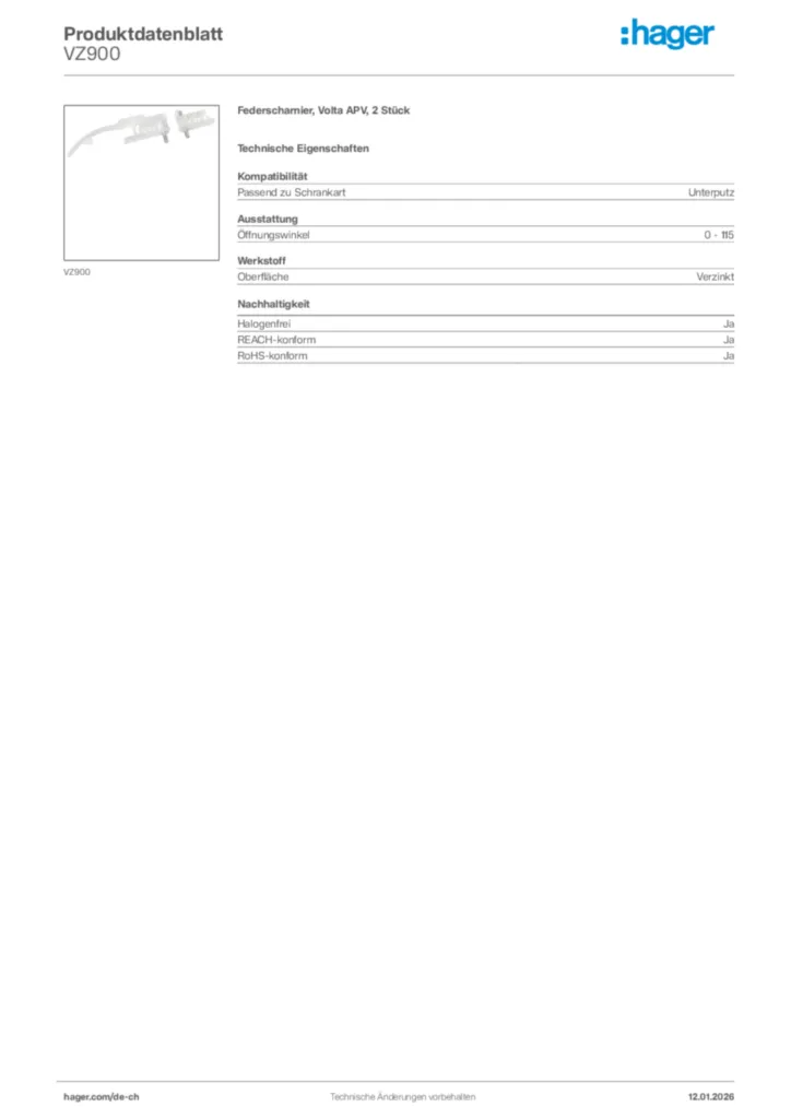 Bild Hager Produktdatenblatt VZ900 | Hager Schweiz