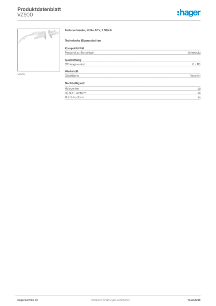Bild Hager Produktdatenblatt VZ900 | Hager Schweiz