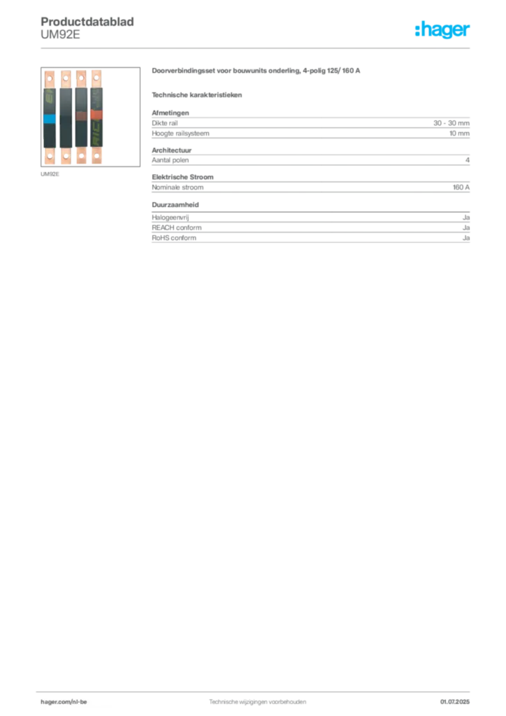 Afbeelding Hager Productdatablad UM92E | Hager Belgium