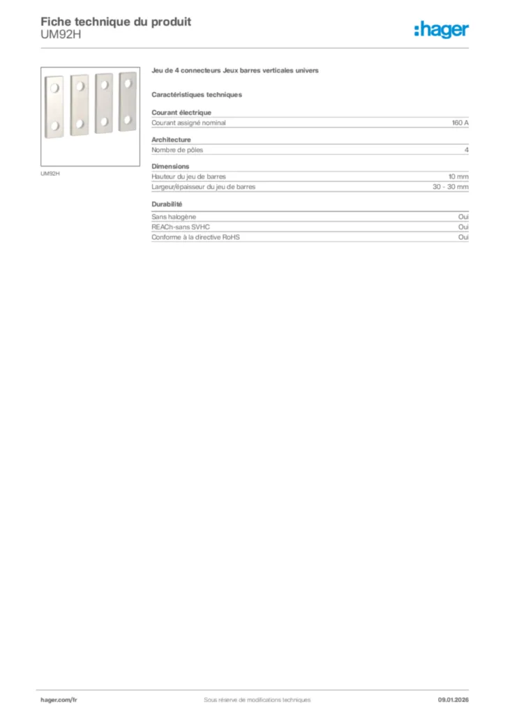 Image Hager Fiche technique du produit UM92H | Hager France