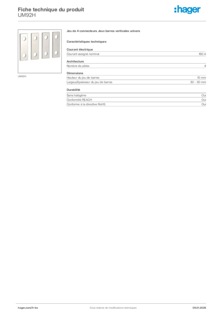 Image Hager Fiche technique du produit UM92H | Hager Belgique