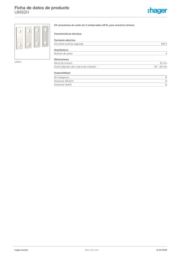 Imagen Hager Ficha de datos de producto UM92H | Hager España