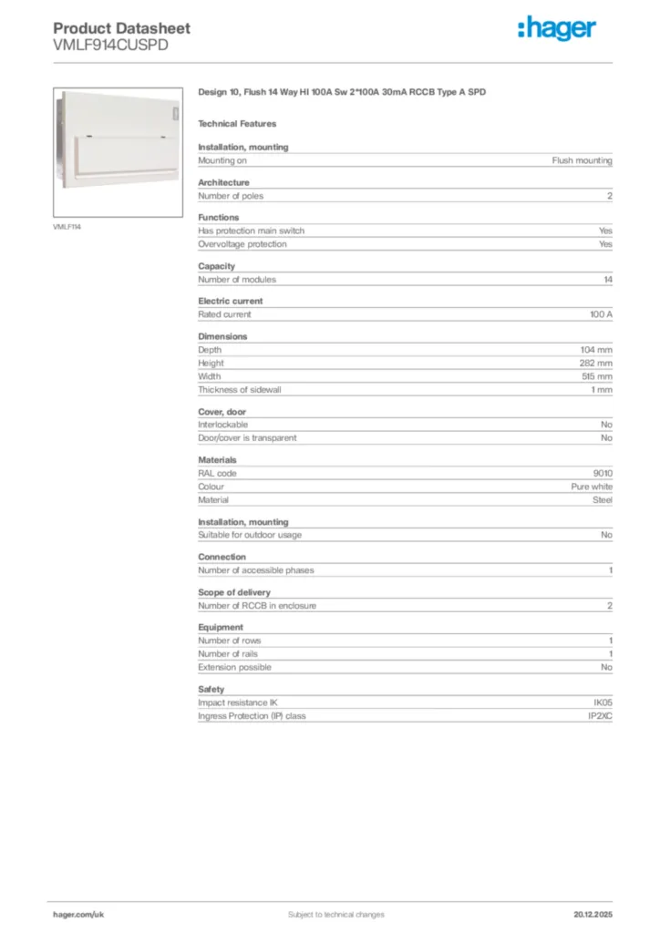 Image Hager Product data sheet VMLF914CUSPD  | Hager