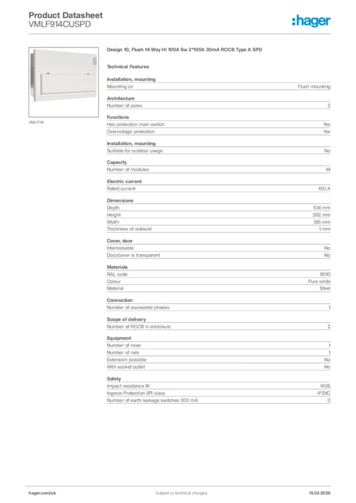Image Hager Product data sheet VMLF914CUSPD  | Hager