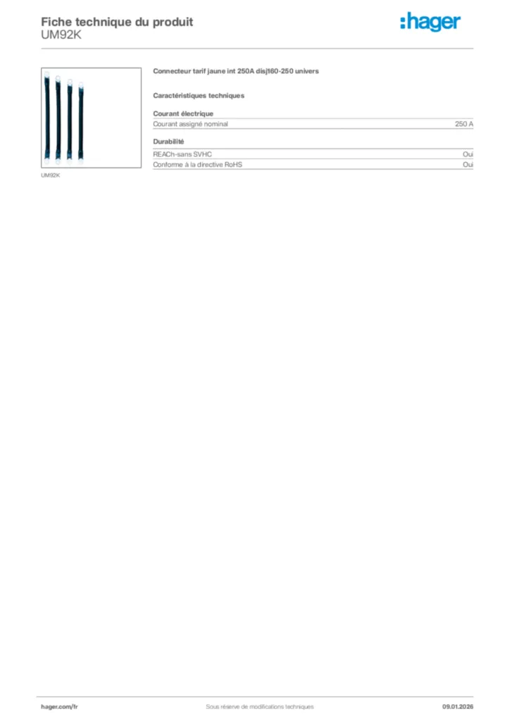 Image Hager Fiche technique du produit UM92K | Hager France