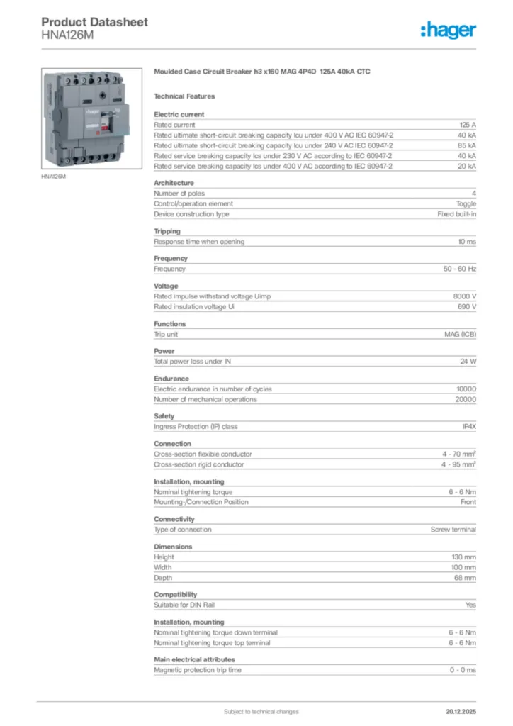 Image Hager Product data sheet HNA126M  | Hager Africa