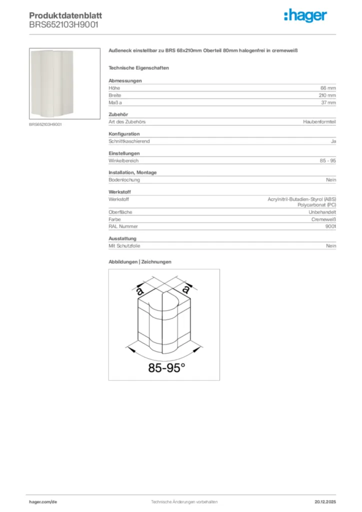 Bild Hager Produktdatenblatt BRS652103H9001 | Hager Deutschland