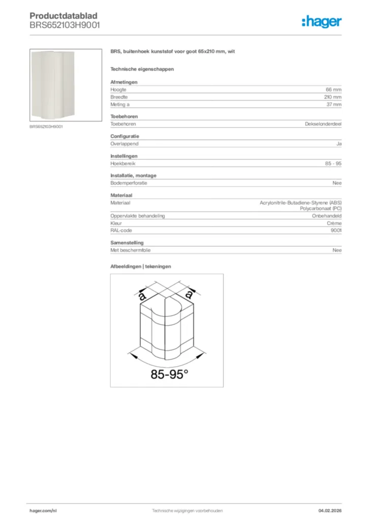 Afbeelding Hager Productdatablad BRS652103H9001 | Hager Nederland