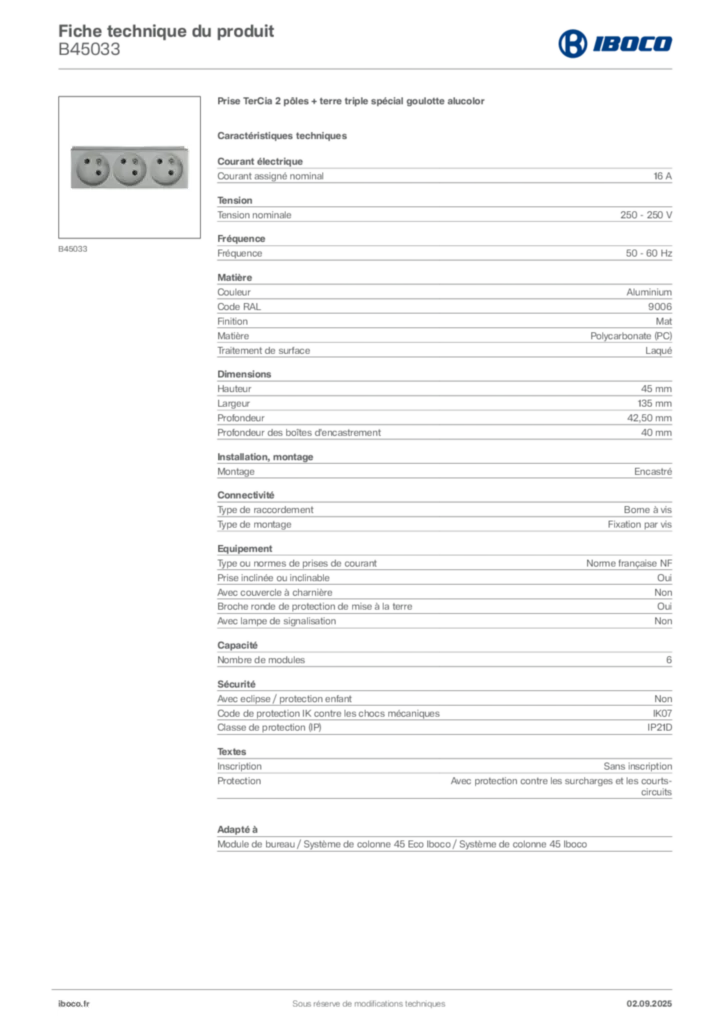 Image Iboco Fiche technique du produit B45033 | Hager France
