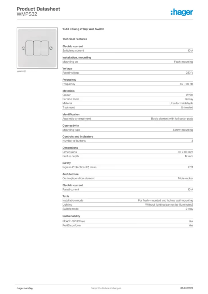Image Hager Product data sheet WMPS32  | Hager