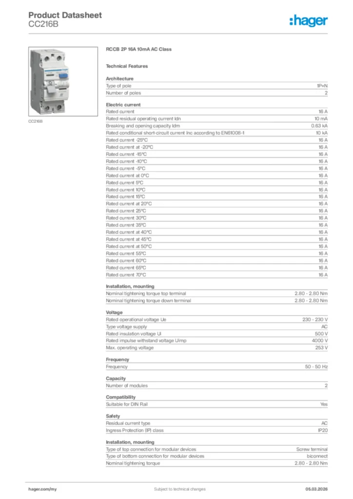 Image Hager Product data sheet CC216B  | Hager