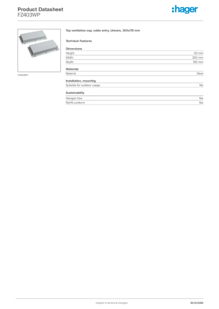 Image Hager Product data sheet FZ403WP  | Hager Africa