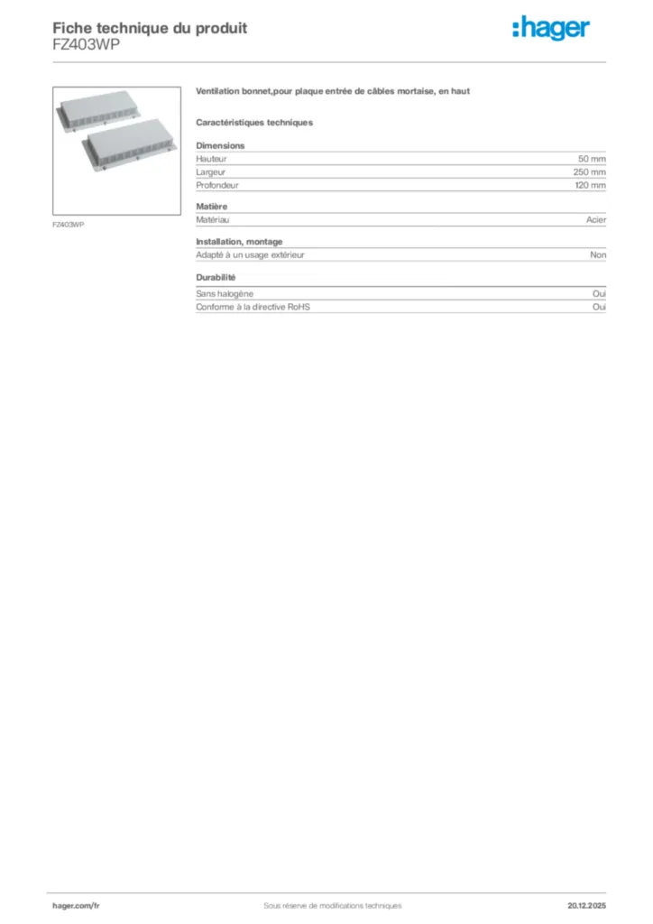 Image Hager Fiche technique du produit FZ403WP | Hager France