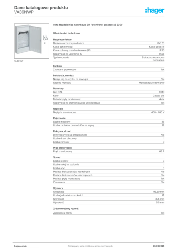 Zdjęcie Hager Karta katalogowa VA36NWP | Hager Polska